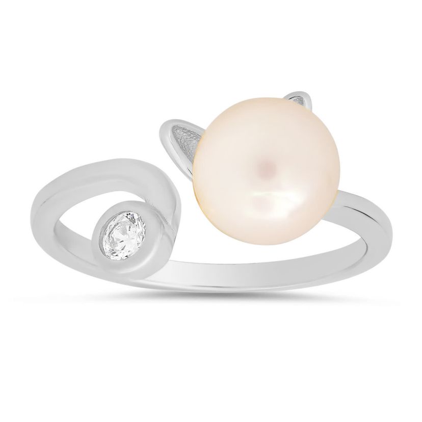 Sterling Silver Kitty Cat Genuine Pearl & CZ Ring
