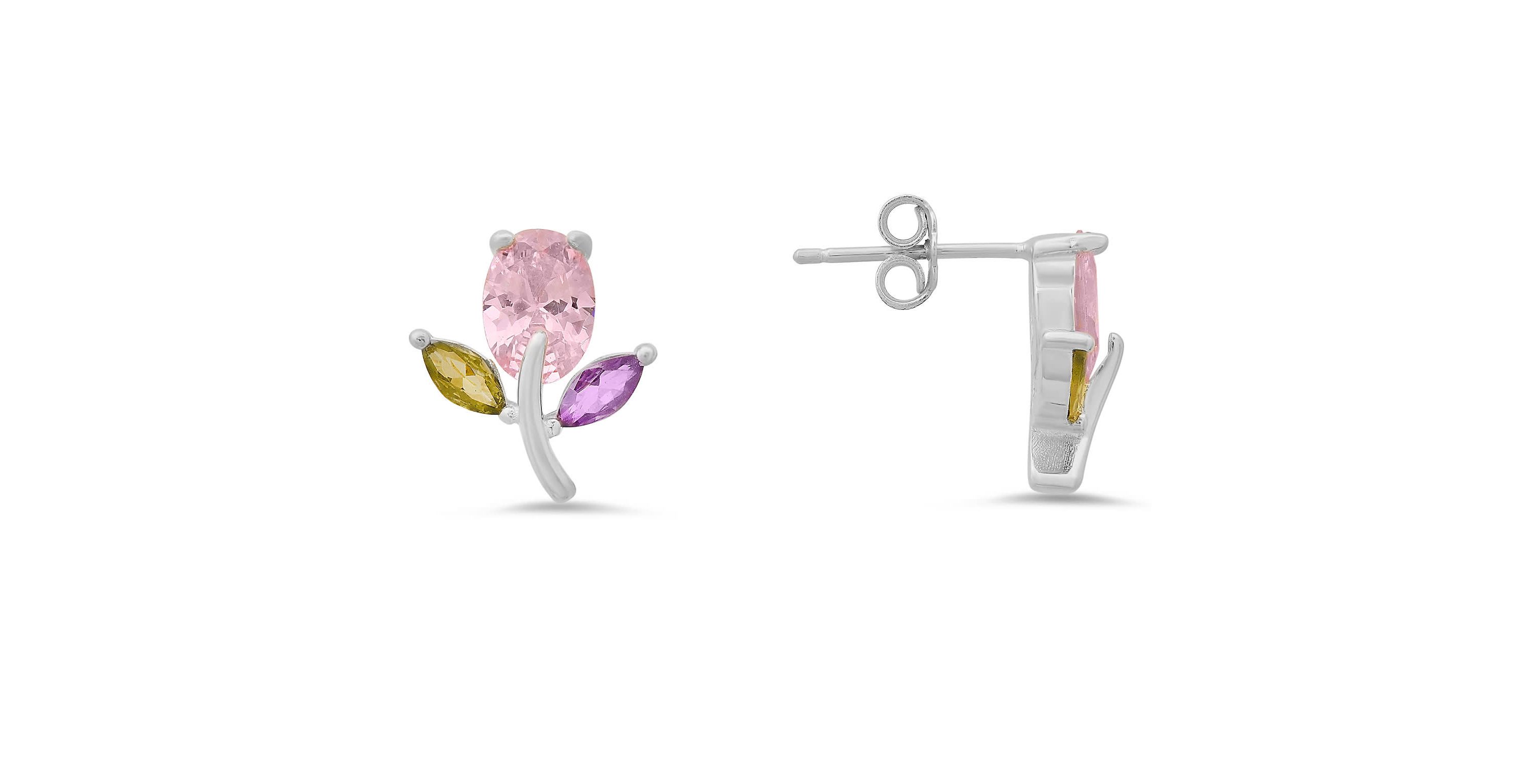 Sterling Silver Multi-Color CZ Flower Stud Earrings