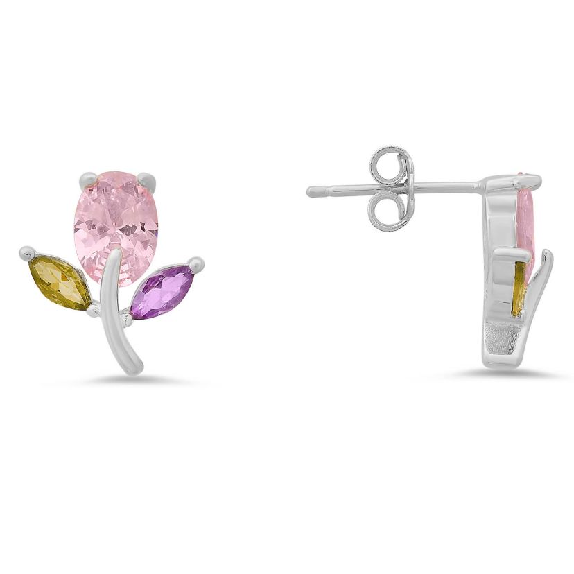 Sterling Silver Multi-Color CZ Flower Stud Earrings
