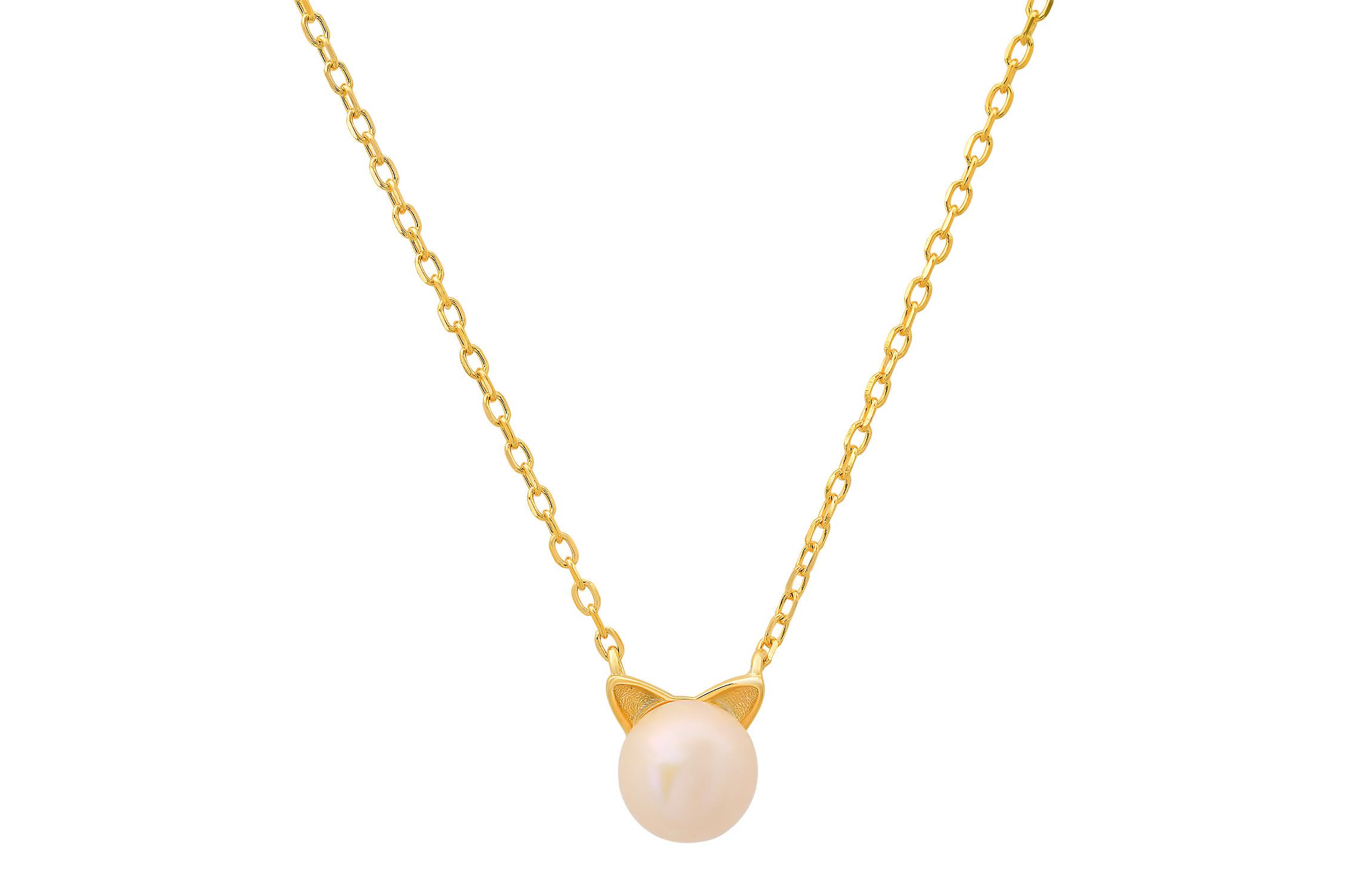 Sterling Silver Kitty Cat Genuine Pearl Necklace