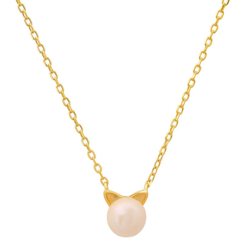 Sterling Silver Kitty Cat Genuine Pearl Necklace