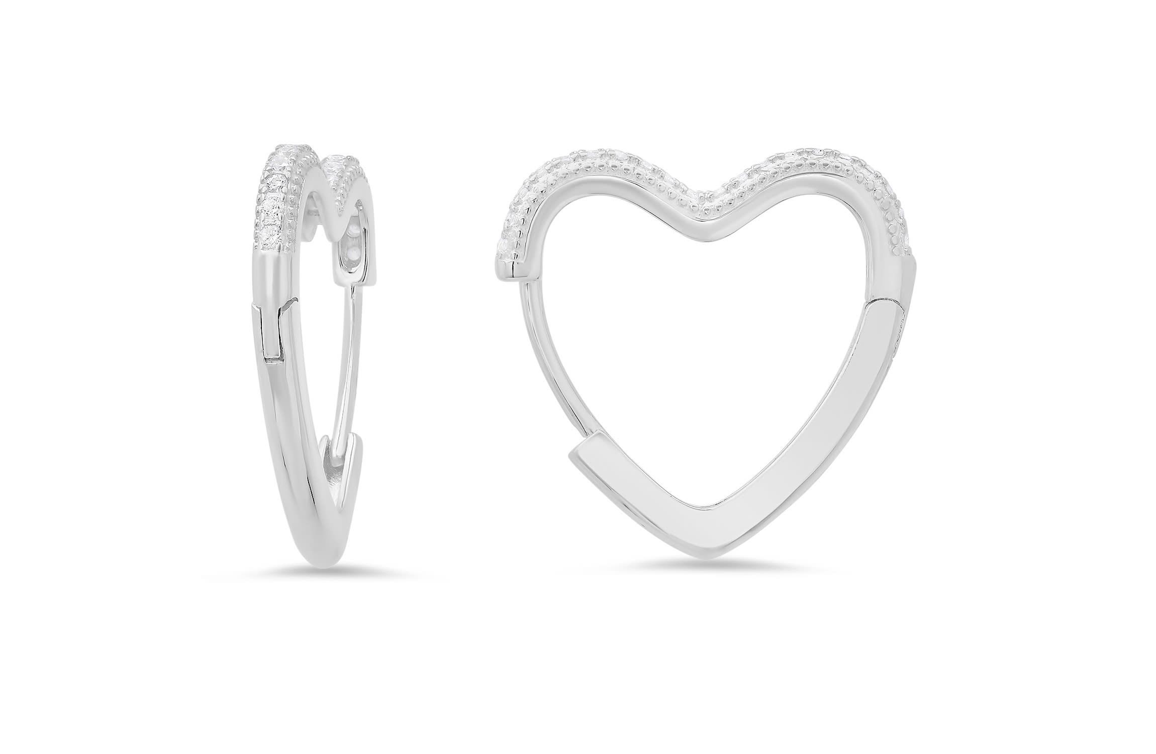 Sterling Silver 20mm Heart Shaped Pave CZ Hoop Earrings