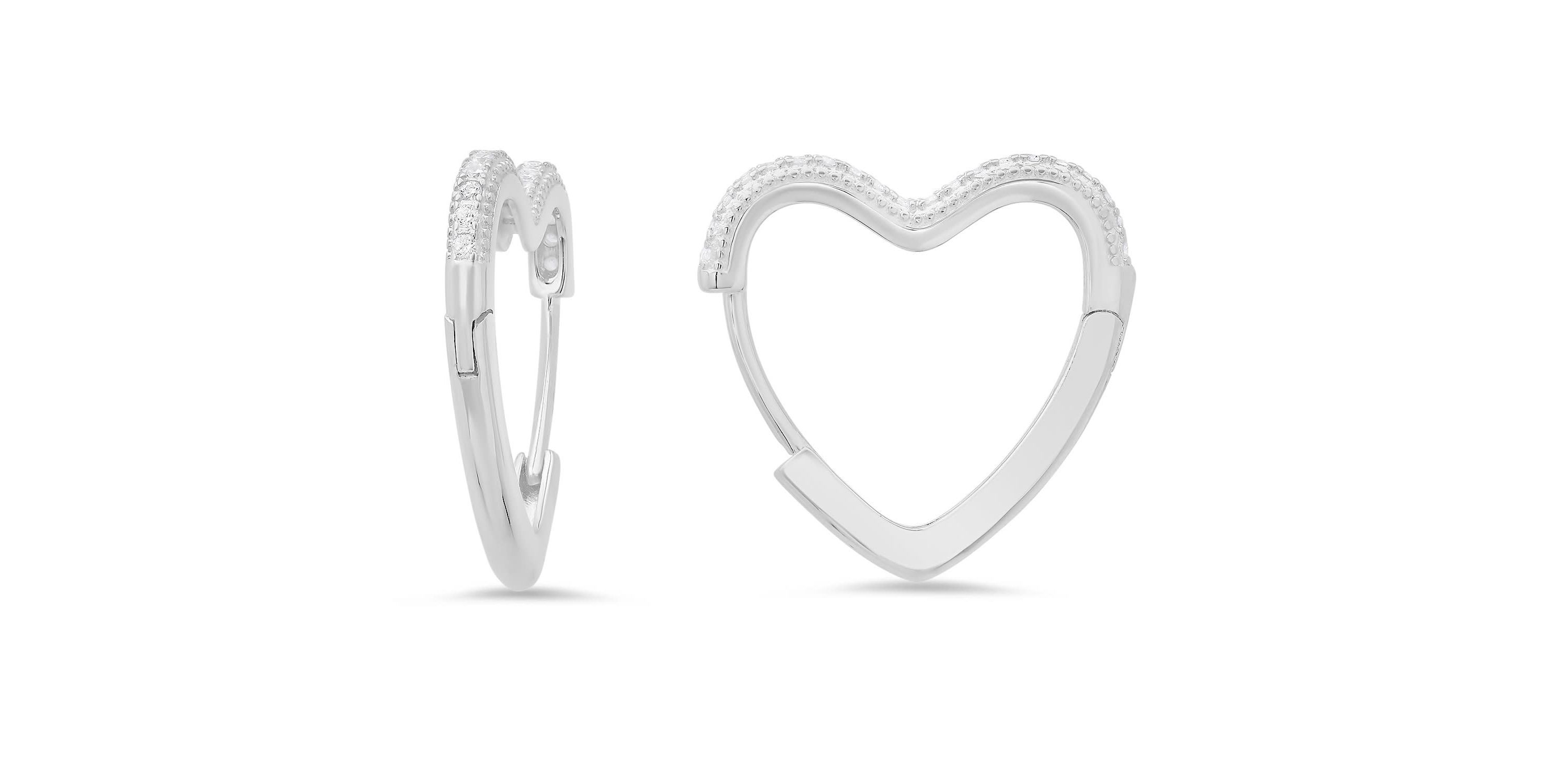 Sterling Silver 20mm Heart Shaped Pave CZ Hoop Earrings