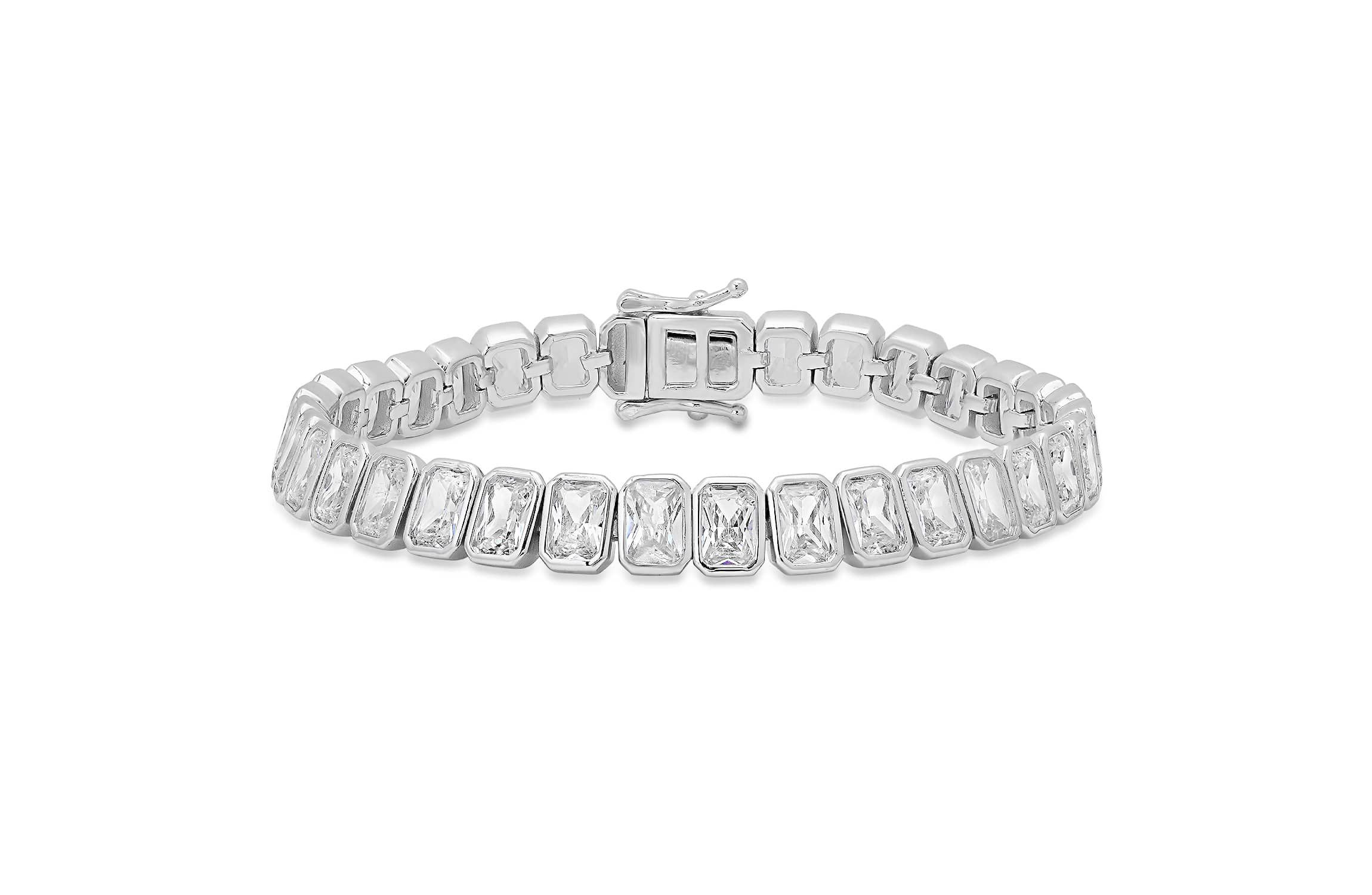 Sterling Silver Bezel Set Emerald Cut CZ Tennis Bracelet