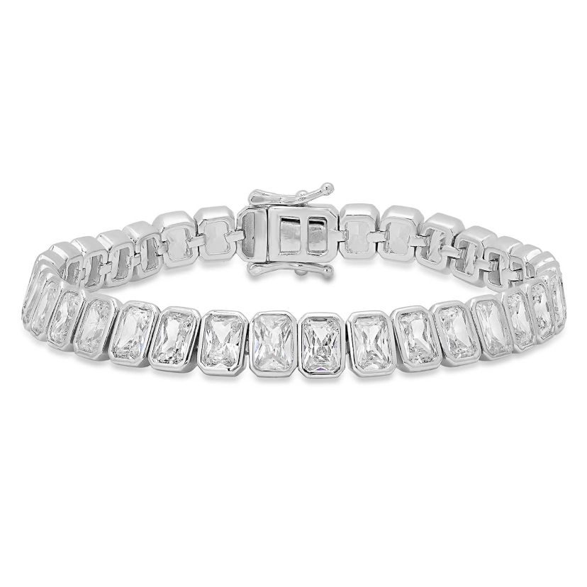Sterling Silver Bezel Set Emerald Cut CZ Tennis Bracelet