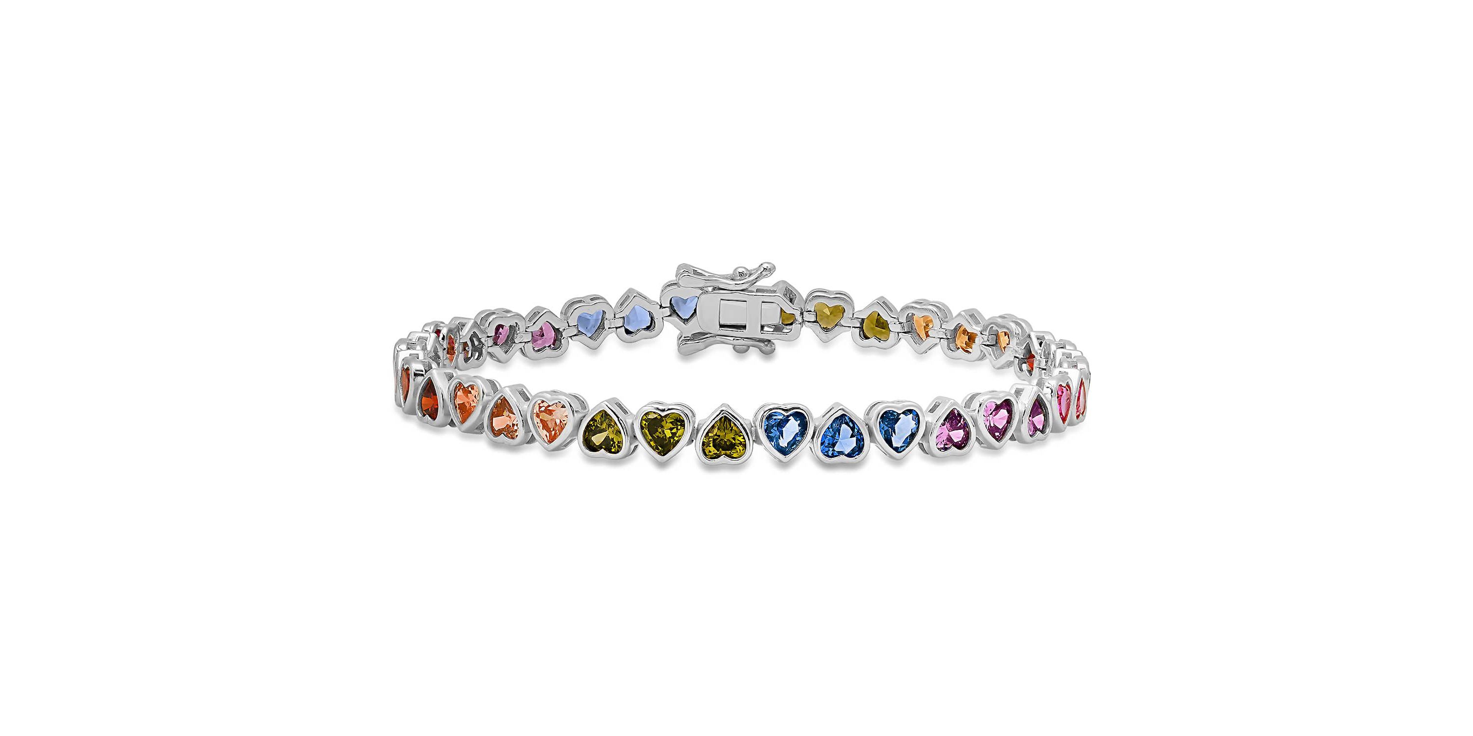 Sterling Silver Bezel Set Multi Color CZ Heart Tennis Bracelet