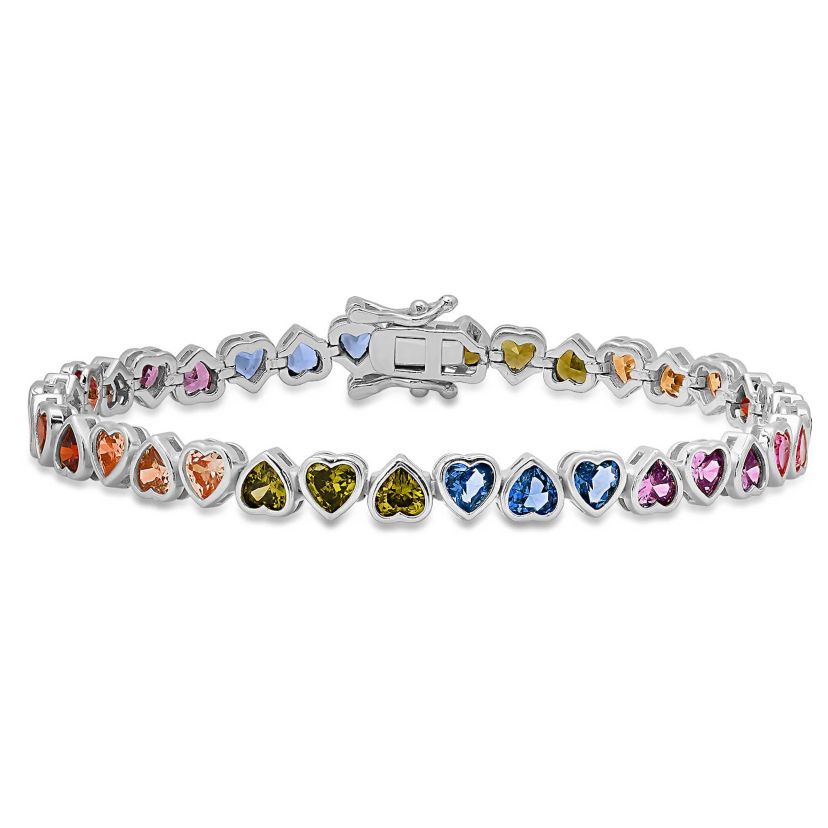 Sterling Silver Bezel Set Multi Color CZ Heart Tennis Bracelet