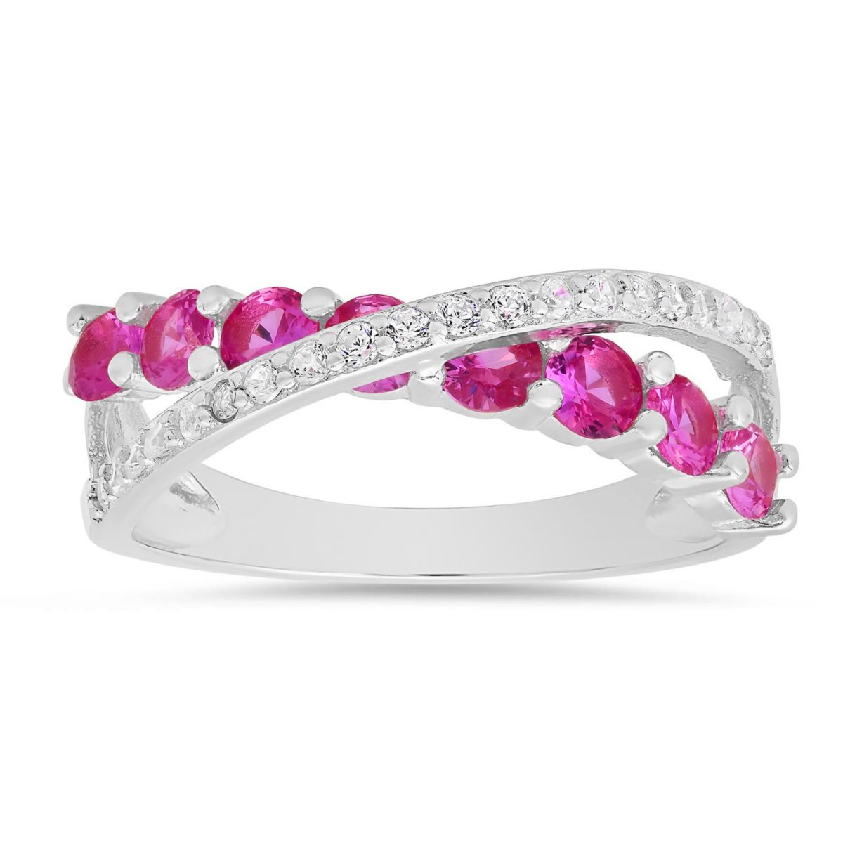 Sterling Silver Pink Sapphire CZ Crossover Ring