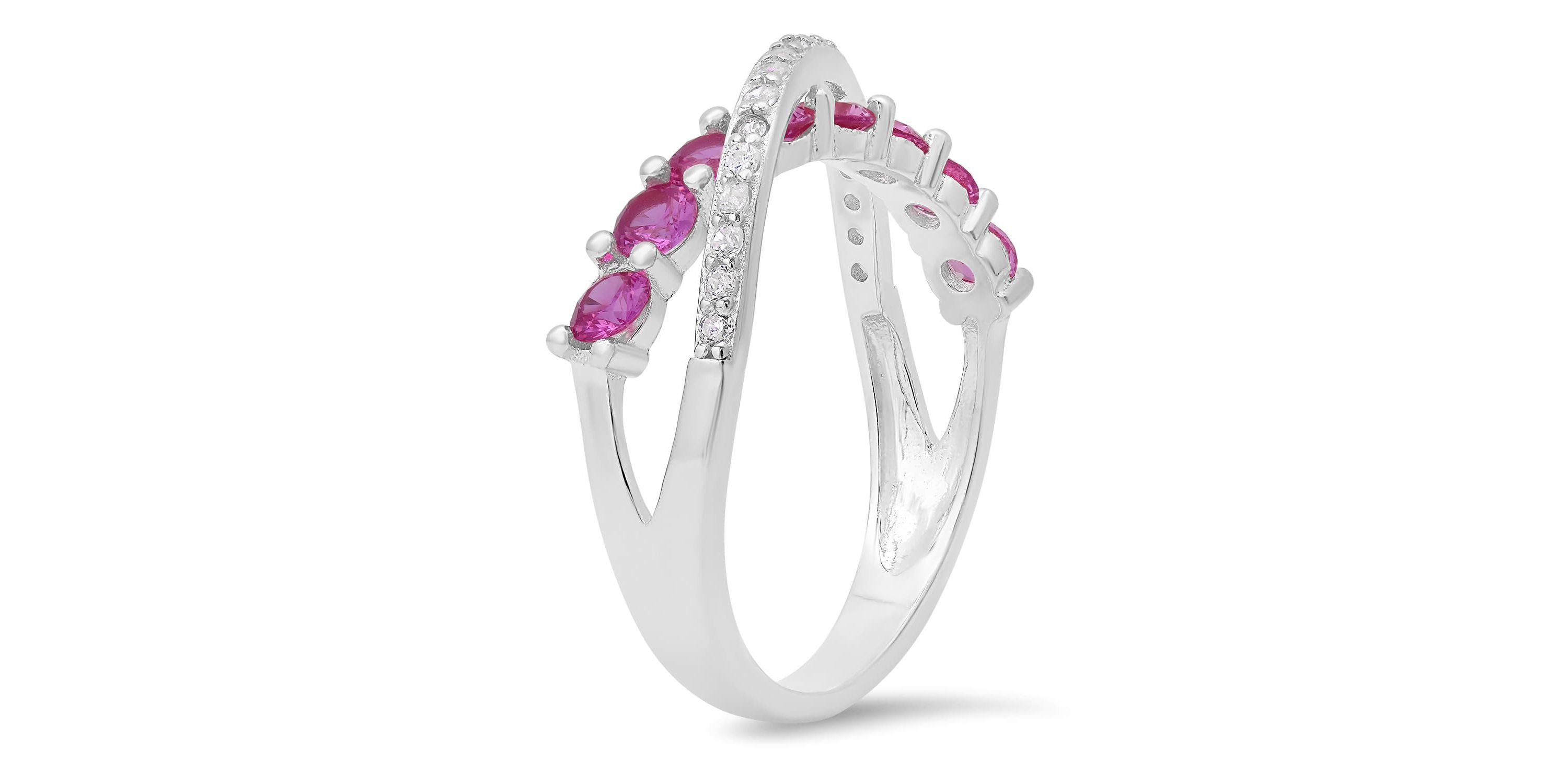 Sterling Silver Pink Sapphire CZ Crossover Ring