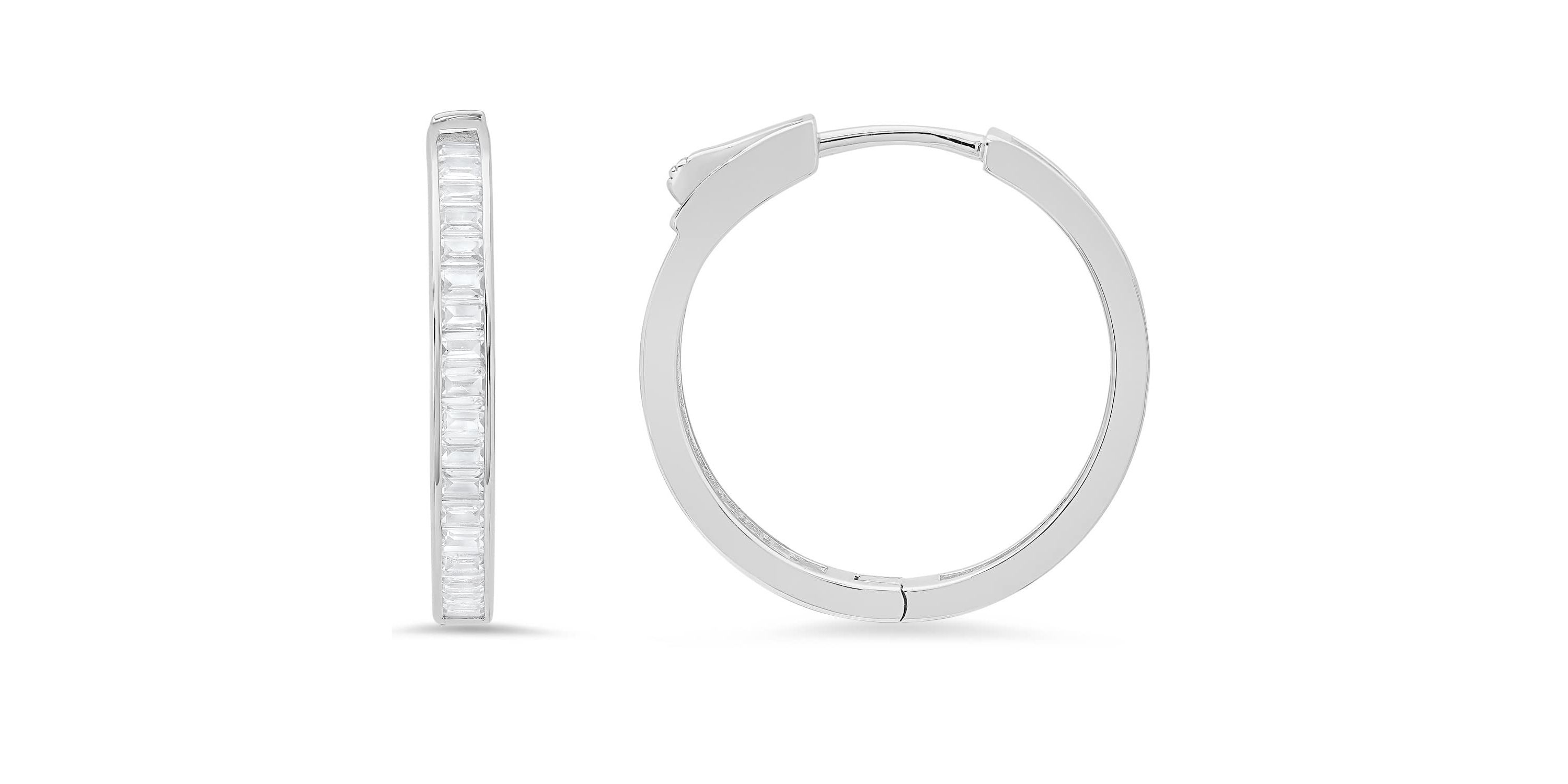 Sterling Silver Diamond Lock Baguette cut Hoop Earrings