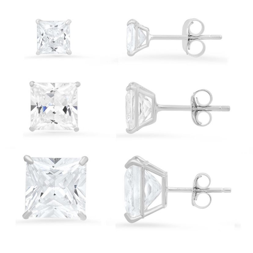 Lab Created Sterling Silver Set of 3 Princess-cut CZ Earring Set