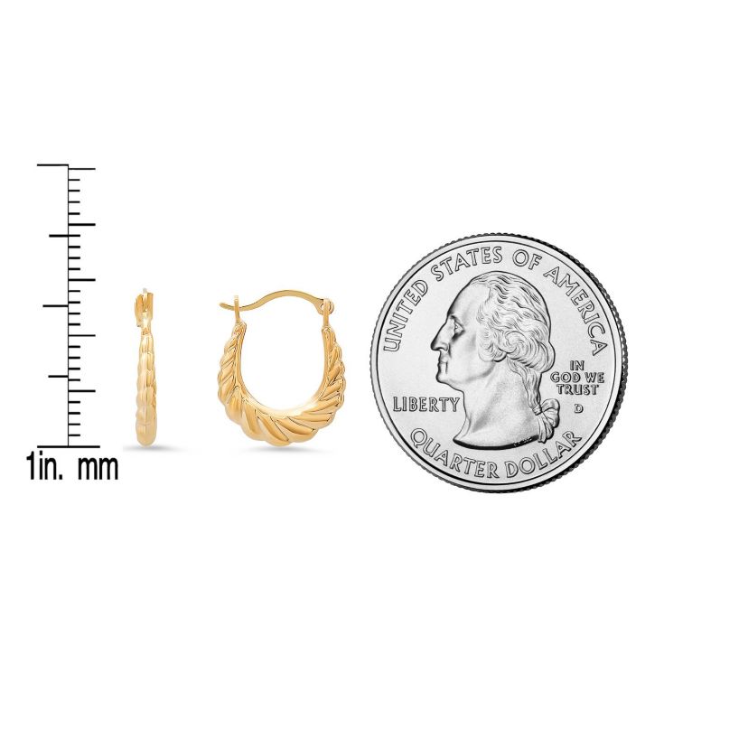 10k Yellow Gold Petite 15mm U Shaped Swirl Hoop Earrings