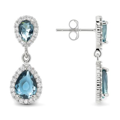 Kylie Harper Sterling Silver Pear-cut London Blue CZ Halo Dangle Earrings