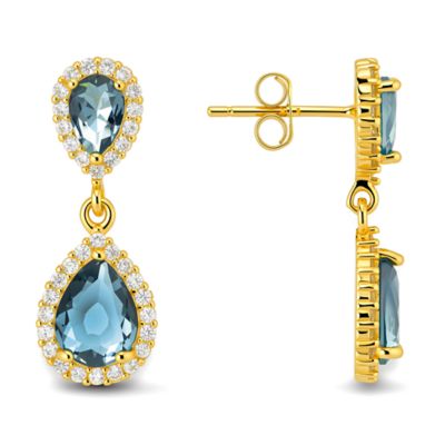 Kylie Harper Sterling Silver Pear-cut London Blue CZ Halo Dangle Earrings, Gold