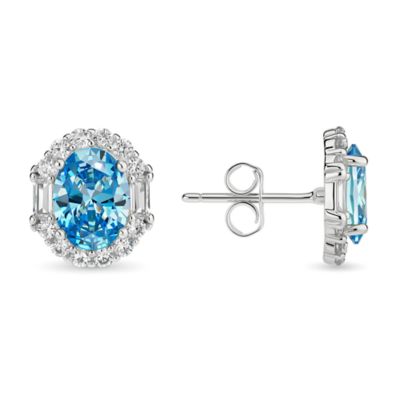 Kylie Harper Sterling Silver Oval-cut Swiss Blue CZ Halo Stud Earrings