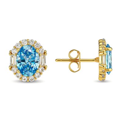 Kylie Harper Sterling Silver Oval-cut Swiss Blue CZ Halo Stud Earrings, Gold