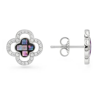 Kylie Harper Sterling Silver Mosaic Abalone Pearl Clover Halo Earrings