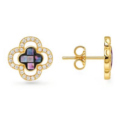 Kylie Harper Sterling Silver Mosaic Abalone Pearl Clover Halo Earrings, Gold
