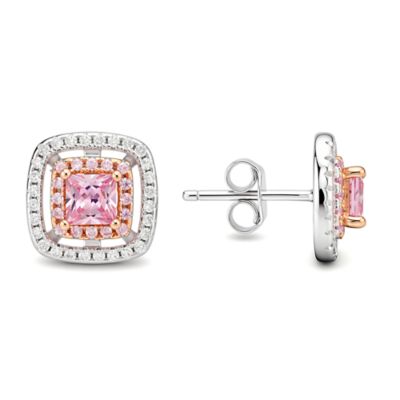 Kylie Harper Sterling Silver Two-Tone Princess-cut Double Halo Pink CZ Stud Earrings