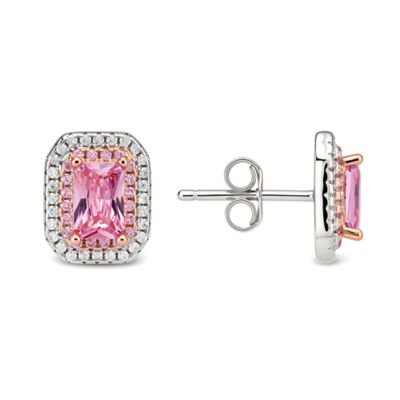 Kylie Harper Sterling Silver Two-Tone Emerald-cut Double Halo Pink CZ Stud Earrings