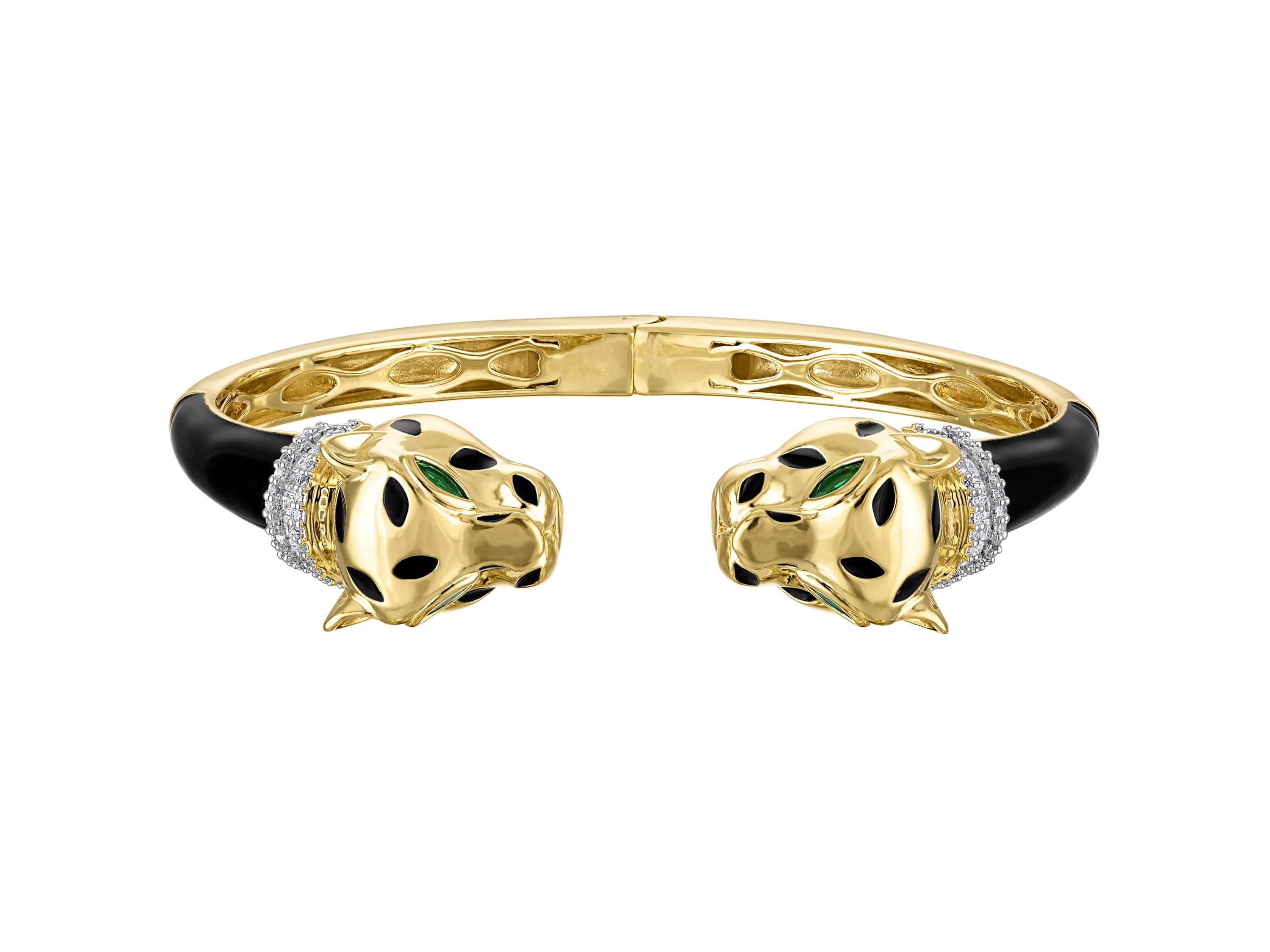 Lab Created Gold Plated Cz And Enamel Panther Bangle