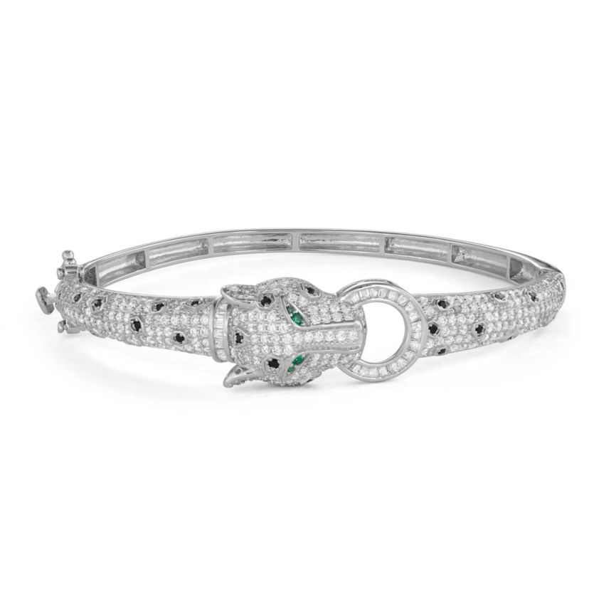 Lab Created Sterling Silver Cz Panther Head Bangle Bracelet