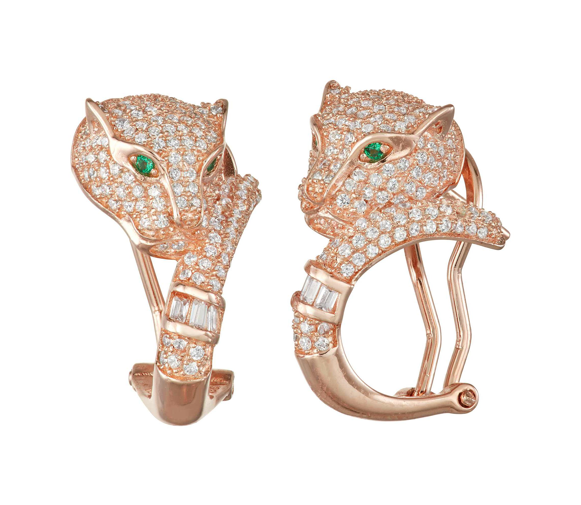 Lab Created Rose Gold Plated Silver Green And White Cz Panther Huggie