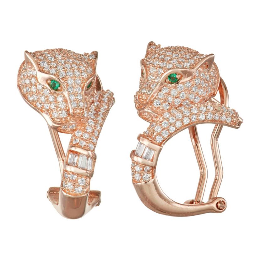 Lab Created Rose Gold Plated Silver Green And White Cz Panther Huggie