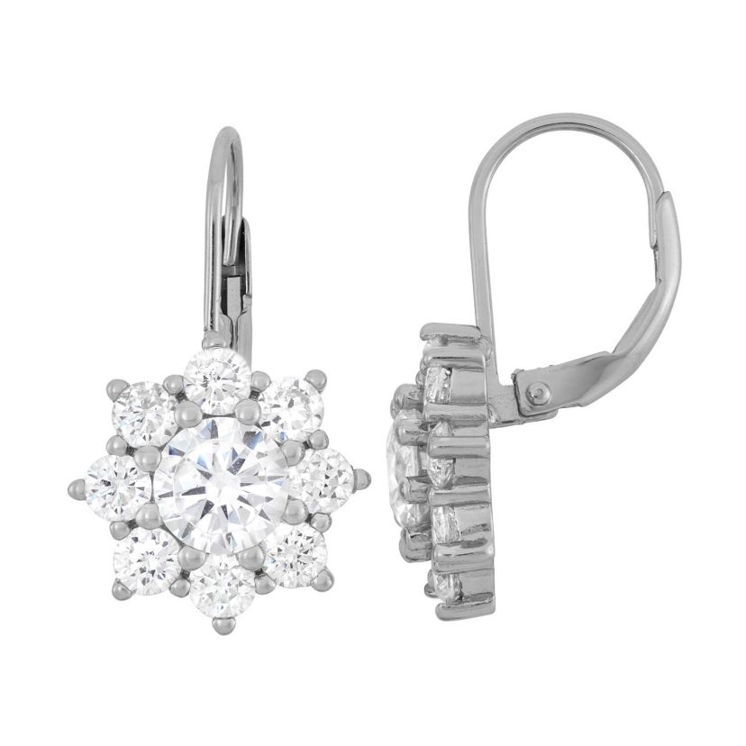 Lab Created Sterling Silver Cz Flower Leverback Earrings