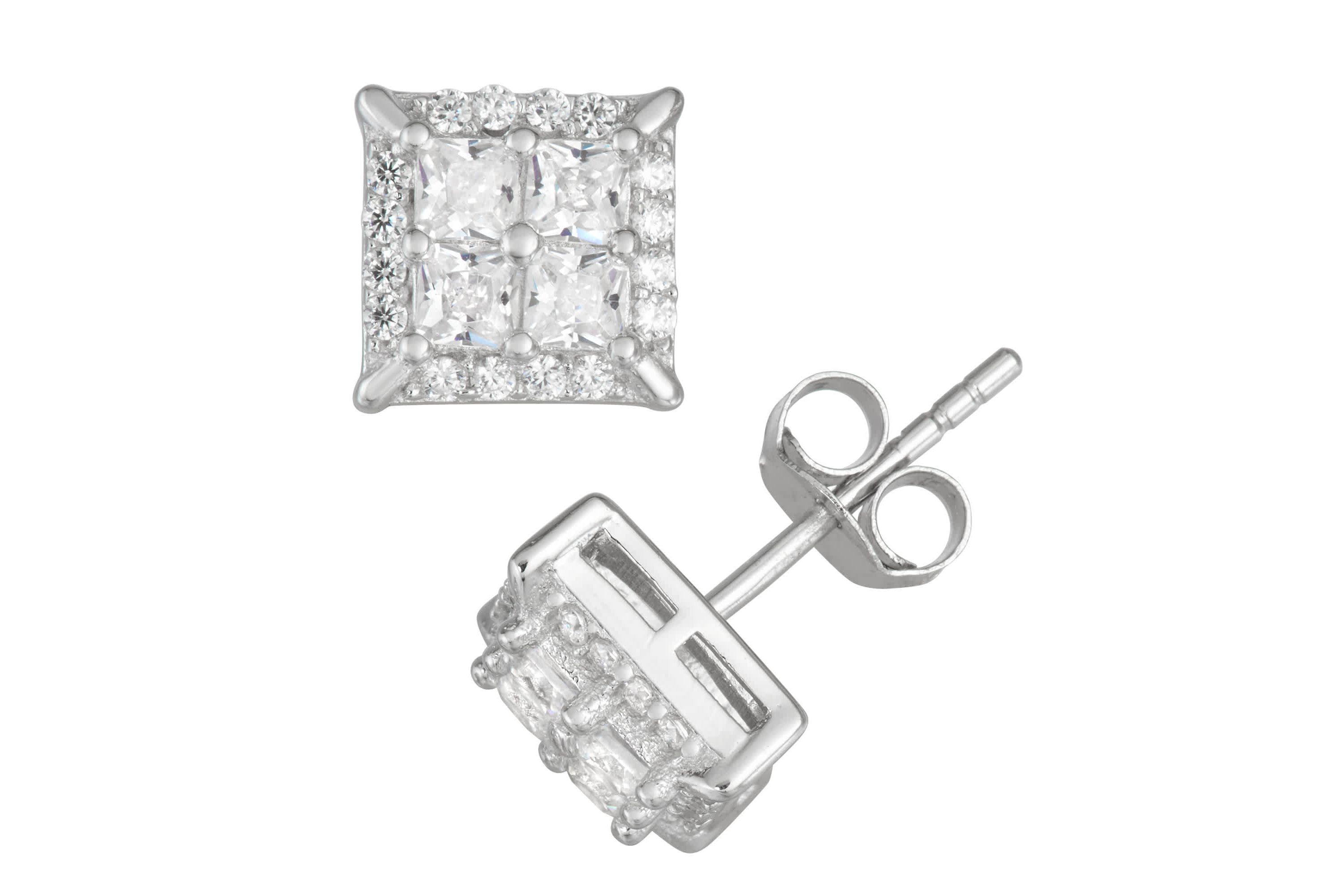 Lab Created Sterling Silver Cz Square Pave Stud Earrings