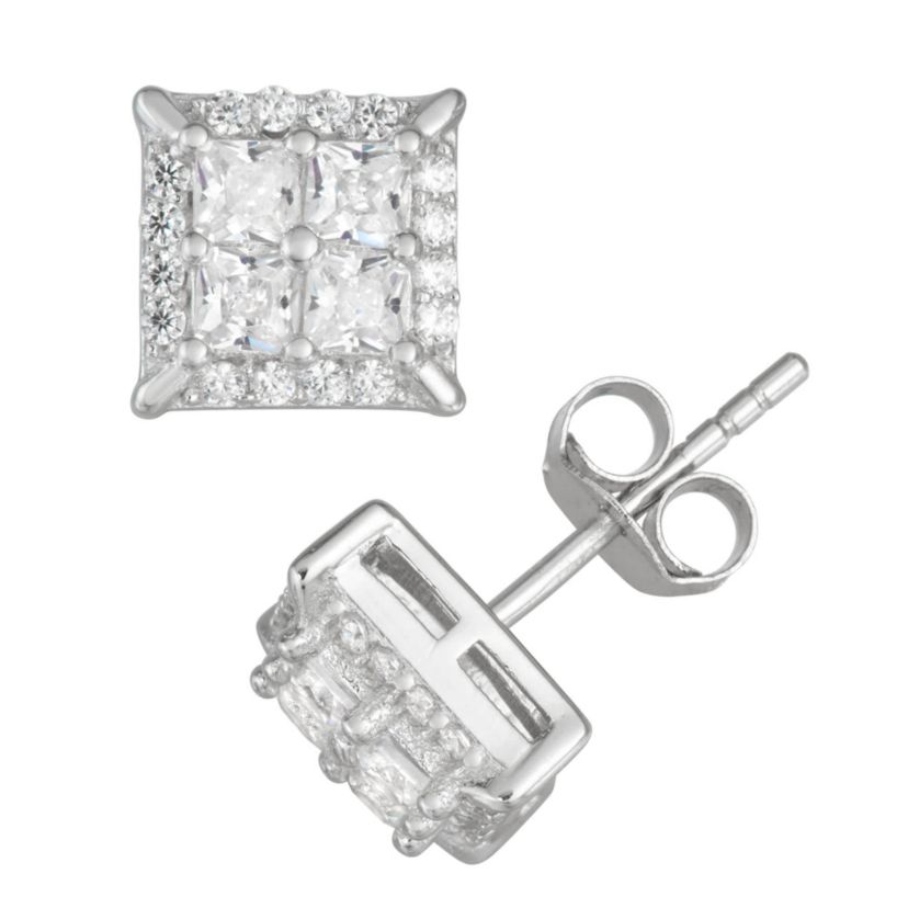 Lab Created Sterling Silver Cz Square Pave Stud Earrings