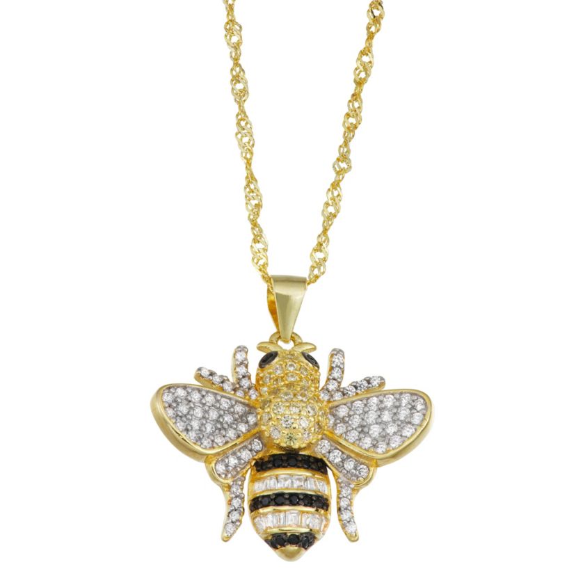 Lab Created Sterling Silver Black And White Cz Bee With Chain 
