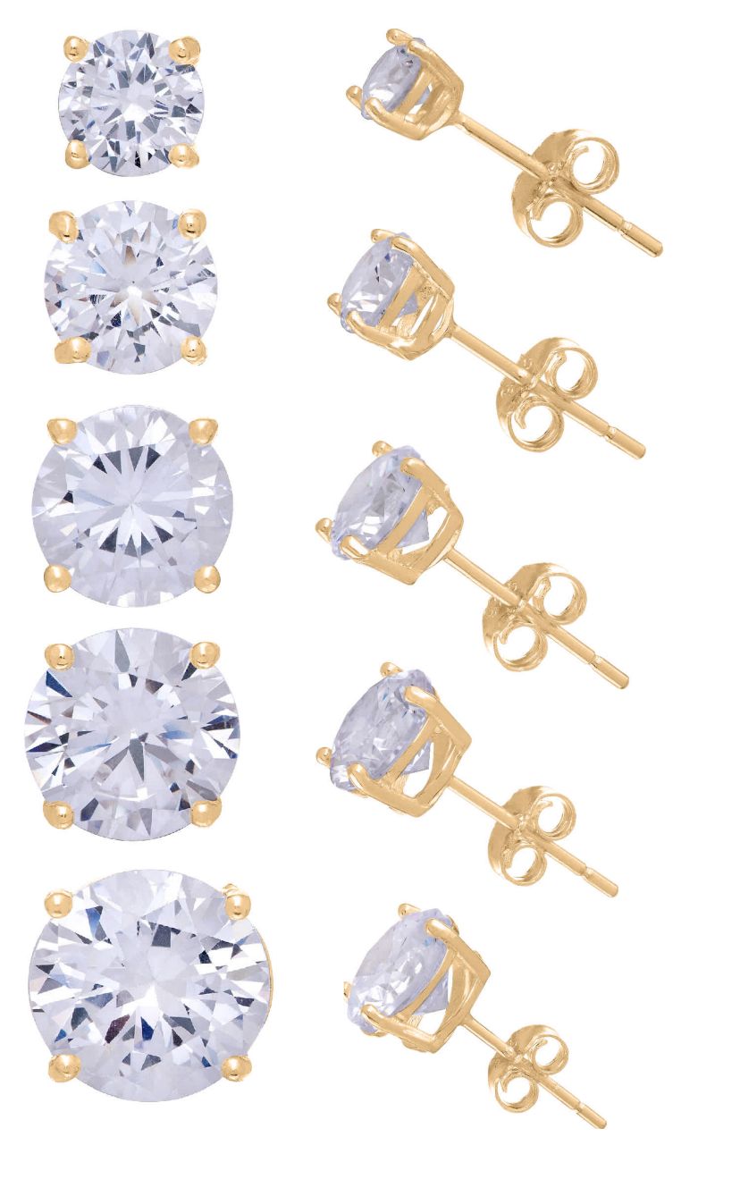 Lab Created Gold Plated Silver White Cz 5Pc 4-8mm Stud Earring Set