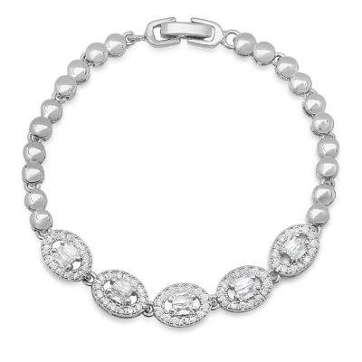 STEELTIME Ladies 18k white gold plated brass oval cut simulated diamonds dotted link tennis bracelet
