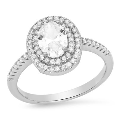 STEELTIME Ladies 18k white gold plated brass simulated cushion red and white diamonds engagement ring, Silver, 7