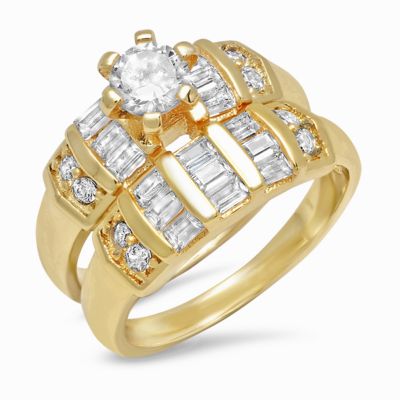 STEELTIME Ladies set of 2 18k gold plated brass round and baguette cut simulated diamond rings