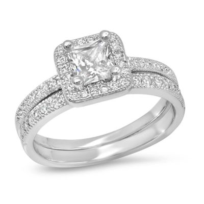 STEELTIME Ladies 18k white gold plated brass simulated princess cut diamond engagement and band ring set, Silver