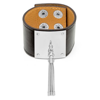 STEELTIME Ladies adjustable genuine brown leather bracelet with stainless steel tassel accent