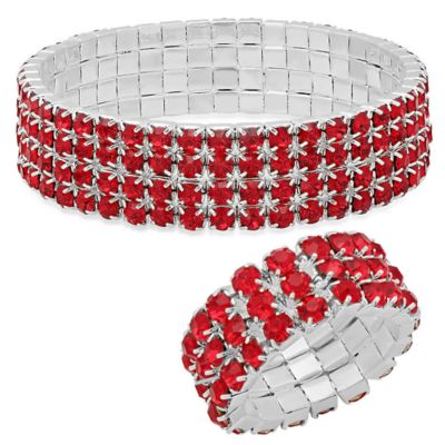 STEELTIME Ladies metallic stretch bracelet and ring set with simulated pink diamonds, Red