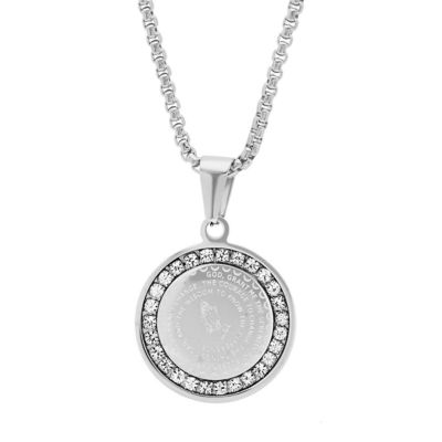 STEELTIME Ladies stainless steel Serenity prayer round pendant with simulated diamonds
