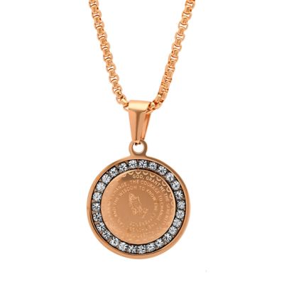 STEELTIME Ladies stainless steel Serenity prayer round pendant with simulated diamonds, Gold