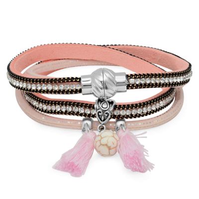 STEELTIME Ladies set of 3 stainless steel black crystal, black agate, and freshwater pearl stretch bracelets