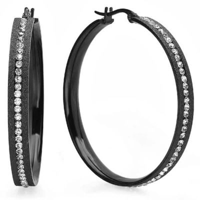 STEELTIME Ladies stainless steel glitter hoops with simulated diamonds all around, Black