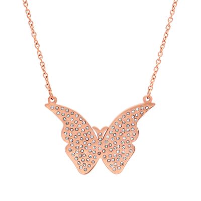 STEELTIME Ladies 18k rose gold plated stainless steel simulated diamond butterfly necklace