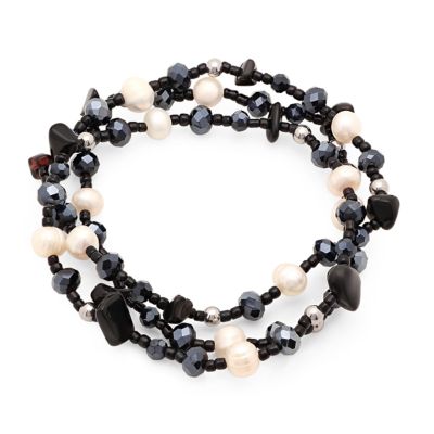 STEELTIME Ladies set of 3 stainless steel black crystal, black agate, and freshwater pearl stretch bracelets