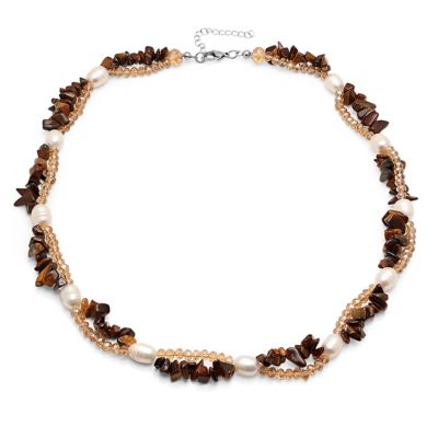 STEELTIME Ladies genuine freshwater pearl, tiger eye, brown crystal layered necklace with 18k white gold plated alloy clasp, Silver
