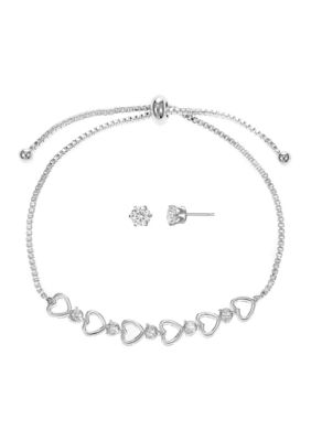 Belk Silverworks Silver Plated Cubic Zirconia Heart Bolo Bracelet and Stud Earring Set