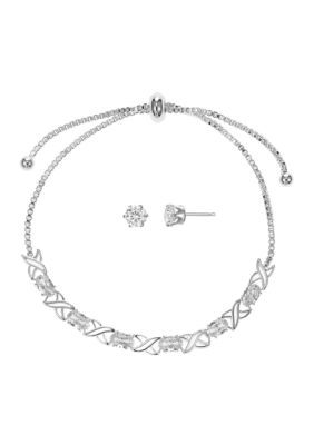 Belk Silverworks Silver Plated Cubic Zirconia X and O Tennis Bolo Bracelet and Stud Earring Set
