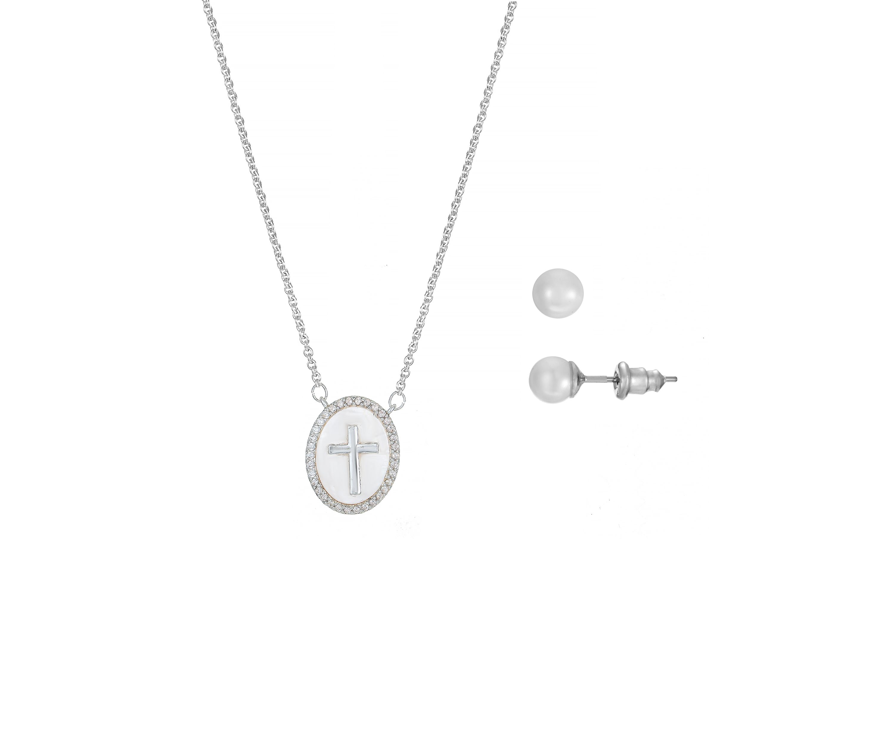 Lab Created Silver Tone CZ and Mother of Pearl Cross Necklace and Earring Set