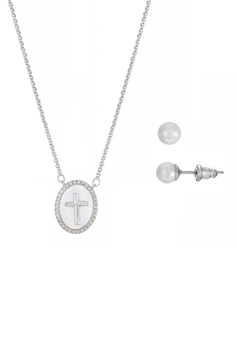 Lab Created Silver Tone CZ and Mother of Pearl Cross Necklace and Earring Set
